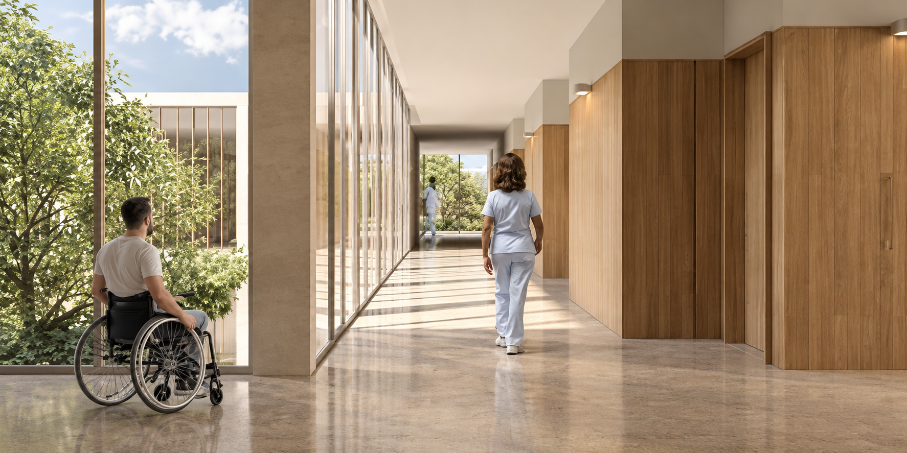 Referência conceitual de ambiente de saúde com jardim, luz natural e circulação ampla